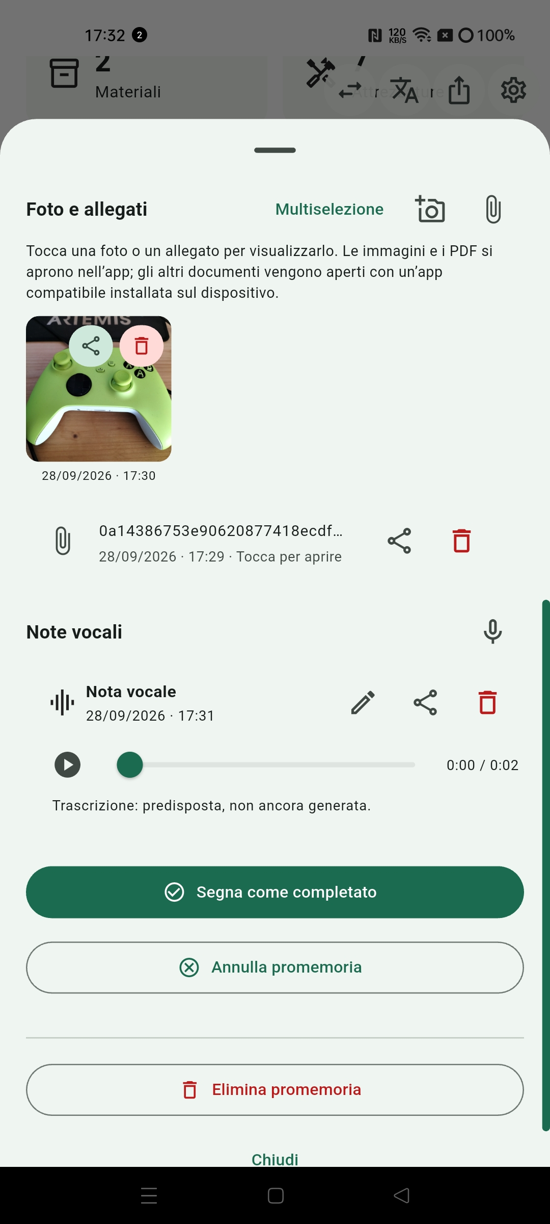 Allegati e note vocali di un promemoria in Megestio