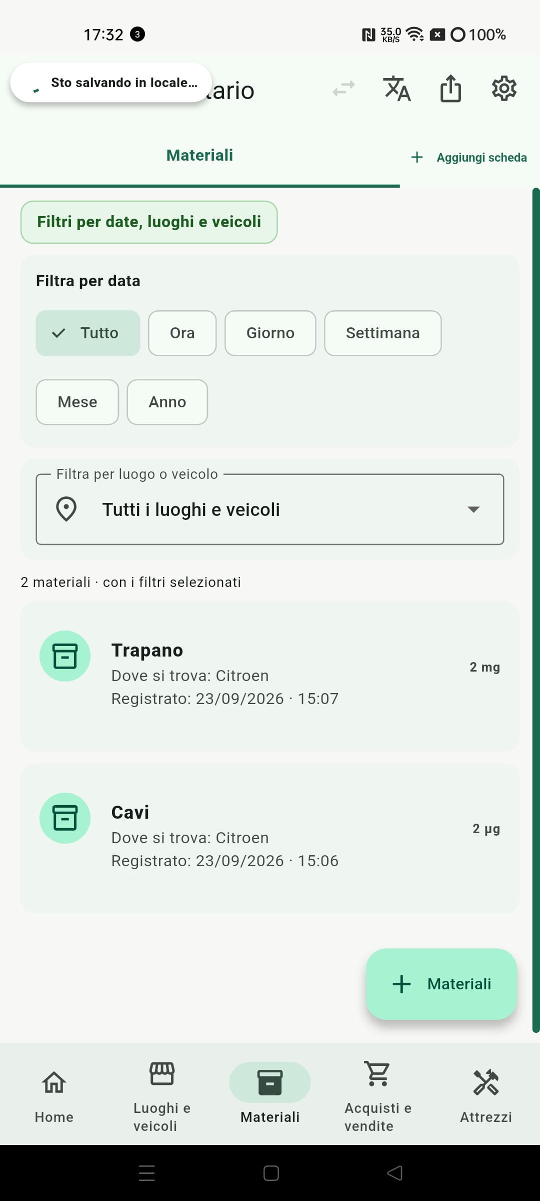 Gestione materiali con filtri in Megestio
